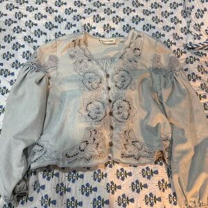 Aaron & Amber Cropped Light Denim Eyelet Button-Up Top